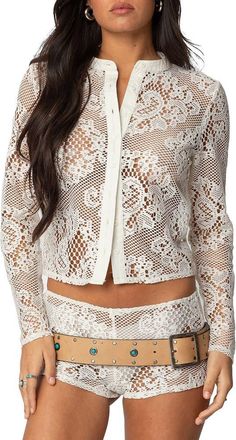 Edikted Peyson Sheer Lace Button-Up Shirt in Cream at Nordstrom, Size X-Small