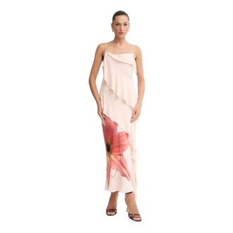 Patrizia Pepe Maxi jurk met ruches en bloemenprint - Dames - Avondkleed - Beige - M - Polyester - Kleedjes