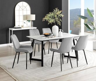 Furniturebox Carson White Marble Effect Dining Table & 6 Pesaro Black Leg Chairs in Grey