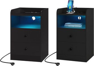 Woltu 2x Comodino moderno per camera da letto, con Prese, Porte usb e Luci a led, Tavolino con 1 Piano, 1 Scomparto e 2 Cassetti Nero - Woltu