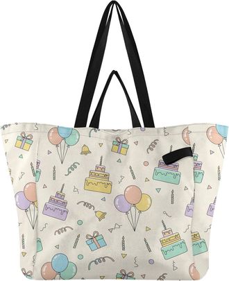 Generic Birthday Cake Balloon Beige print Reusable Canvas Tote Bag, Heavy Duty Grocery Shopping Bag with Large Capacity Hard Bottom Double Handles Work Grocer