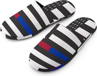 Generic Police And Firefighter U.S.A Flag Mens Cozy Memory Foam Slippers Warm Cotton House Shoes Comfy Slipper for Indoor Outdoor