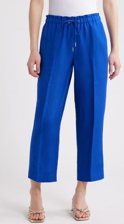 Anne Klein Linen Blend Crop Wide Leg Drawstring Pants in Santorini Blue at Nordstrom, Size Small