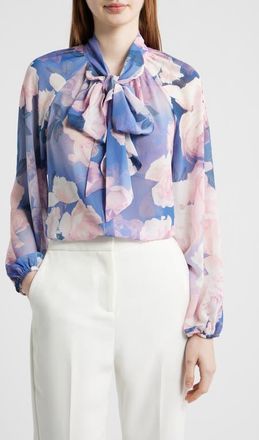 Tahari by ASL Floral Print Tie Neck Top in Blue Petal Floral at Nordstrom, Size X-Large