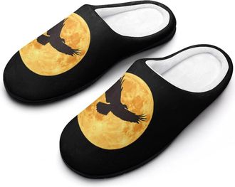 Generic Moon And Ea-gles Cotton Slippers for Women Memory Foam Comfy House Shoes with Anti-Skid Rubber Sole