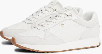 Tommy Hilfiger Womens Monogram-Embossed Suede Runner Sneaker - Ecru - US 6.5 / EU 37