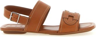 Hogan Warm Brown Leather Sandals with Emblem Detail
