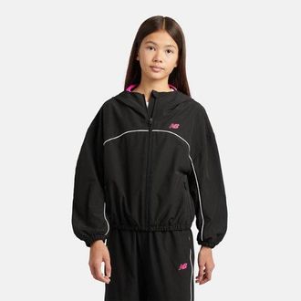 New Balance Girls Contrast Piping Track Jacket in Black Poly Knit, size 10-11 Y