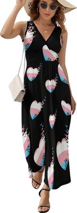 Generic Transgender Heart Love Flag Maxi Dresses for Women Fashion Summer Casual Sleeveless Beach V Neck Sundresses A Line Skirt L