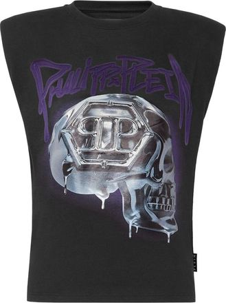 Philipp Plein Tops, Dames, Zwart, XS, Katoen, Tank Top Padded Shoulder Skull