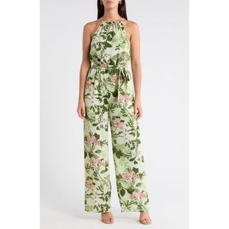 Sugarlips Zane Floral Lighthearted Tropical Print Jumpsuit in Grn-Pink-Mul at Nordstrom, Size X-Large