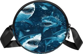 Generic Circle Crossbody Bag for Women, Blue Wild Shark Ocean Small Sling Bag Daypack with Zipper Adjustable Shoulder Straps Casual Ladies Girls Round Purse