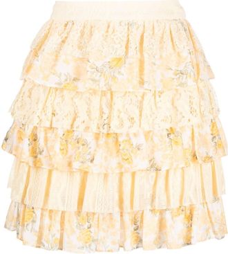 LoveShackFancy floral-print ruffled miniskirt - women - Silk/Cotton - 44 - Yellow