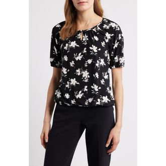 Anne Klein Keyhole Print Peasant Top in Anne Black/White Dove at Nordstrom, Size X-Large P