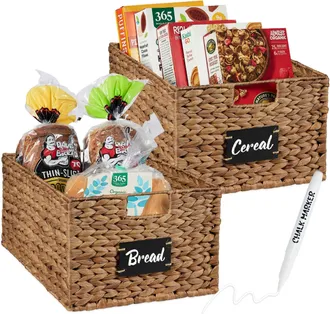 Best Choice Products Set of 2 16in Woven Water Hyacinth Pantry Baskets w/ Chalkboard Label, Chalk Marker