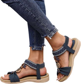Generic 2026 Womens Casual Beach Bohemian Walking Flat Sandals (Blue, 5.5)