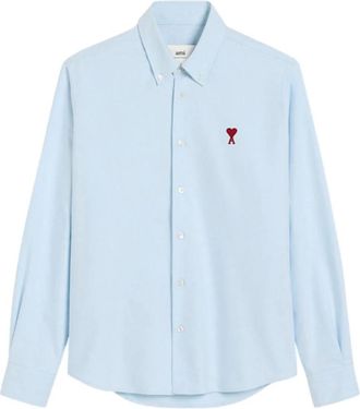 Ami Casual Shirts, male, Blue, L, Clear Blue Button-Down Shirt Embroidered Logo
