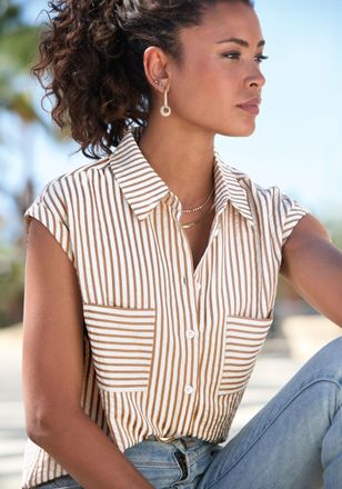 Vivance Kurzarmbluse VIVANCE, Damen, Gr. 34, creme, sand gestreift, Web, Obermaterial: 52% Viskose, 48% Polyester, gestreift, figurumspielend h&uuml;ftlang, angesc