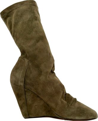 Rick Owens Cantilever Open-Toe Wedge Boots in Brown Suede