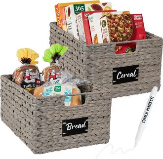 Best Choice Products Set of 2 16in Woven Water Hyacinth Pantry Baskets w/ Chalkboard Label, Chalk Marker