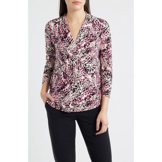 Anne Klein Print Pleat Three-Quarter Sleeve Top in Pink Berry Multi at Nordstrom, Size X-Small P