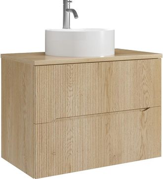Vente-Unique Mueble de ba&ntilde;o suspendido estriado con lavabo sobre encimera redondo y grifo - Natural claro - 80 cm - ORISO