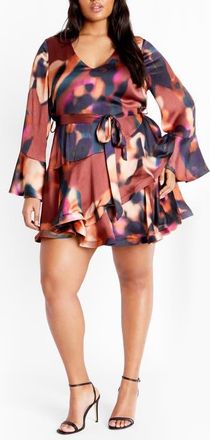 City Chic Cherrie Tie Belt Long Sleeve Satin Minidress in Illusion at Nordstrom, Size Xxl