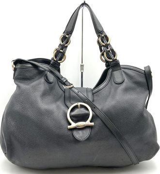 Ferragamo Gancini Black Leather Shoulder Bag Tote Bag (Pre-Owned)
