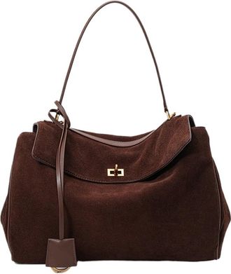 Generic Compatible For Suede Leather Tote Bag Frosted Cowhide Large Capacity Shoulder(Dark coffee)