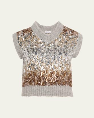 Brunello Cucinelli Multi-Size Degrade Pailette Mohair V-Neck Sweater