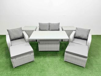 Fimous Light Grey PE Wicker Rattan Garden Furniture Set Sofa Set Reclining Chair Adjustable Lifting Dining or Coffee Table 6 Seater 2 Big Stools 2