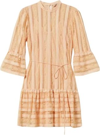 Twinset Korte gestreepte kanten jurk met riem - Dames - Korte kleedjes - Oranje - L - Katoen - Kleedjes