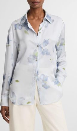 Vince Petal Blur Floral Silk Button-Up Shirt in Soft Grey at Nordstrom, Size Xx-Small