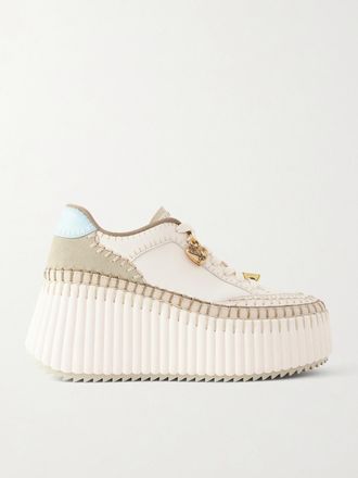 Chlo&eacute; Sneakers Platform In Pelle Con Finiture In Camoscio Patchwork Nama - Bianco