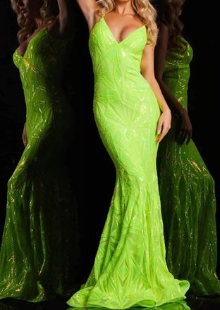 Jovani Sequin Mesh V-Neck Prom Gown In Neon Green
