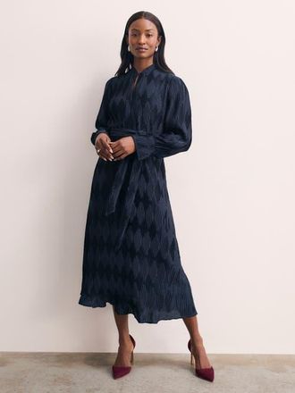 The Fold Aurellie Long Sleeve Tie Waist Dress in Navy at Nordstrom, Size 10