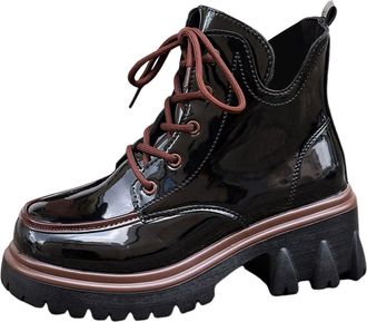 Generic British Ladies Fashion Leather Lace Up Ankle Boots with Thick Heel and Sole for Women Stylish Comfortable Footwear (Black, 5.5)