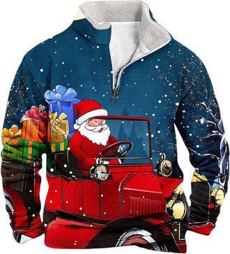 Generic Christmas Jumpers for Men Funny Reindeer Sweatshirt 3D Printed Sweater Fleece Lined Pullover 1/4 Zip Xmas Jumper Long Sleeve Sweaters Casual Loose Swe