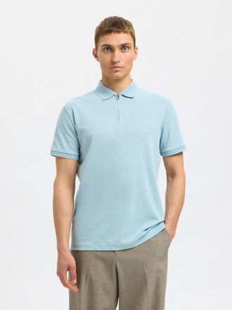 Selected Poloshirt SELECTED SLHFAVE ZIP SS POLO NOOS, Herren, Gr. S, blau (winter sky), Jersey, Obermaterial: 50% Baumwolle, 50% Polyester, unifarben, regular 