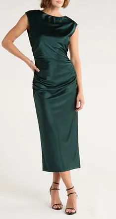 Chelsea28 Ruched Cap Sleeve Satin Midi Dress in Green Ponderosa at Nordstrom Rack, Size Xx-Small
