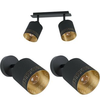 Loops Twin Ceiling Spot Light & 2x Matching Wall Lights Black & Gold Shade Moving Head