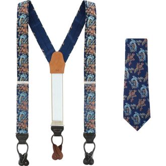 Trafalgar Store Birds of Prosperity Silk Button End Suspenders (Braces) and Necktie Set in Navy at Nordstrom