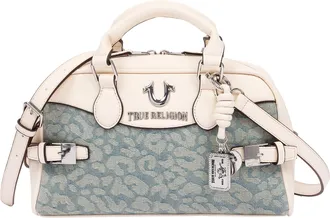 True Religion Brooks Leopard Denim Belted Satchel with Horseshoe Charm and Detachable Crossbody Strap
