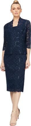 S.L. Fashions Womens Tea Length Sequin Lace Mother of The Bride Dress with Illusion Sleeve Jacket (Plus Size), Navy, 24