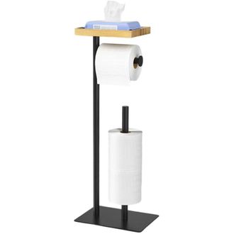 OEM Porte-papier Toilette - Acier Inoxydable - Etagere Bambou - Hauteur 58 Cm - Noir - 1 Piece