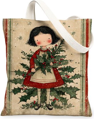 Generic Christmas Holly Canvas Tote Bags, Vintage Plant Pattern Reusable Grocery Bags, Lightweight Washable Shoulder Strap for Trav, Red, 13x15 Inch