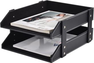 OEM Organizador De Escritorio Apilable De Cuero Con Compartimentos Para Archivos, Material De Oficina Y Objetos Peque&ntilde;os, Color Negro