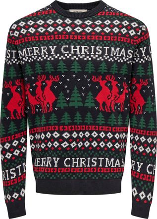 Only & Sons Rundhalspullover ONLY & SONS ONSX-MAX REG DEER CREW KNIT, Herren, Gr. XXL, blau (schwarz navy), Strick, Obermaterial: 100% Baumwolle, gemustert, regul