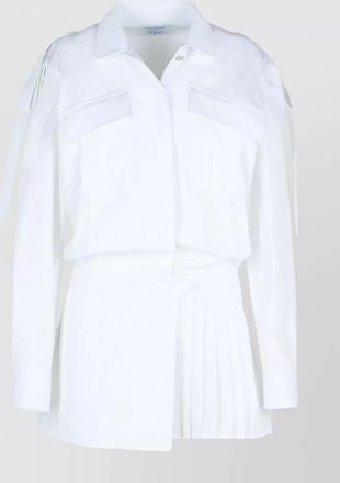 Off-white cotton dress with pleated skirt and chest pockets