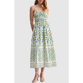 Lush Smocked Waist Midi Dress in Ivory Blue Floral at Nordstrom Rack, Size Medium